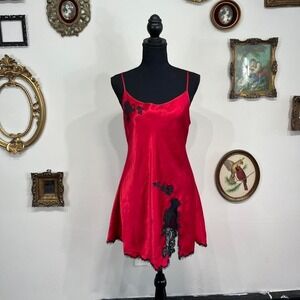 Vintage Y2K Victoria's Secret Red Satin Slip Dress with Black Lace Trim